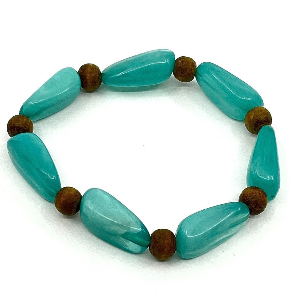 VTG Aqua Turquoise Color Blue Plastic Nugget Wood‎ Bead Stretch Bracelet Retro